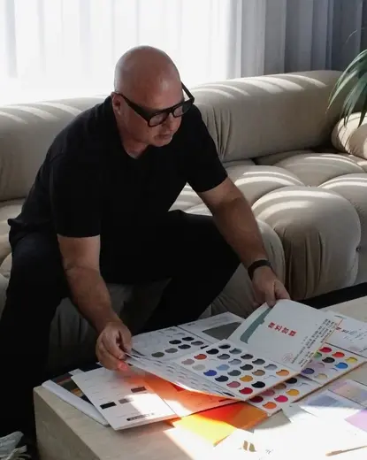 Michael Del Casale reviewing fabric swatch books